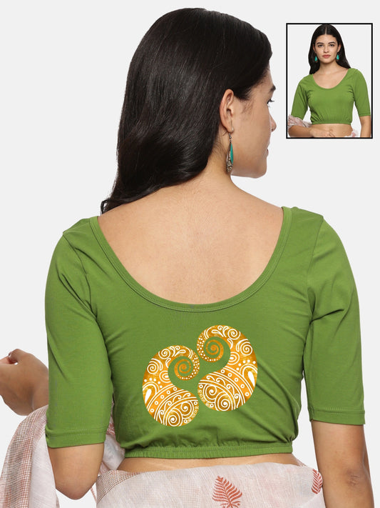 Women Back Printed Stretchable Half Sleeve Blouse U080 Mehndi Green