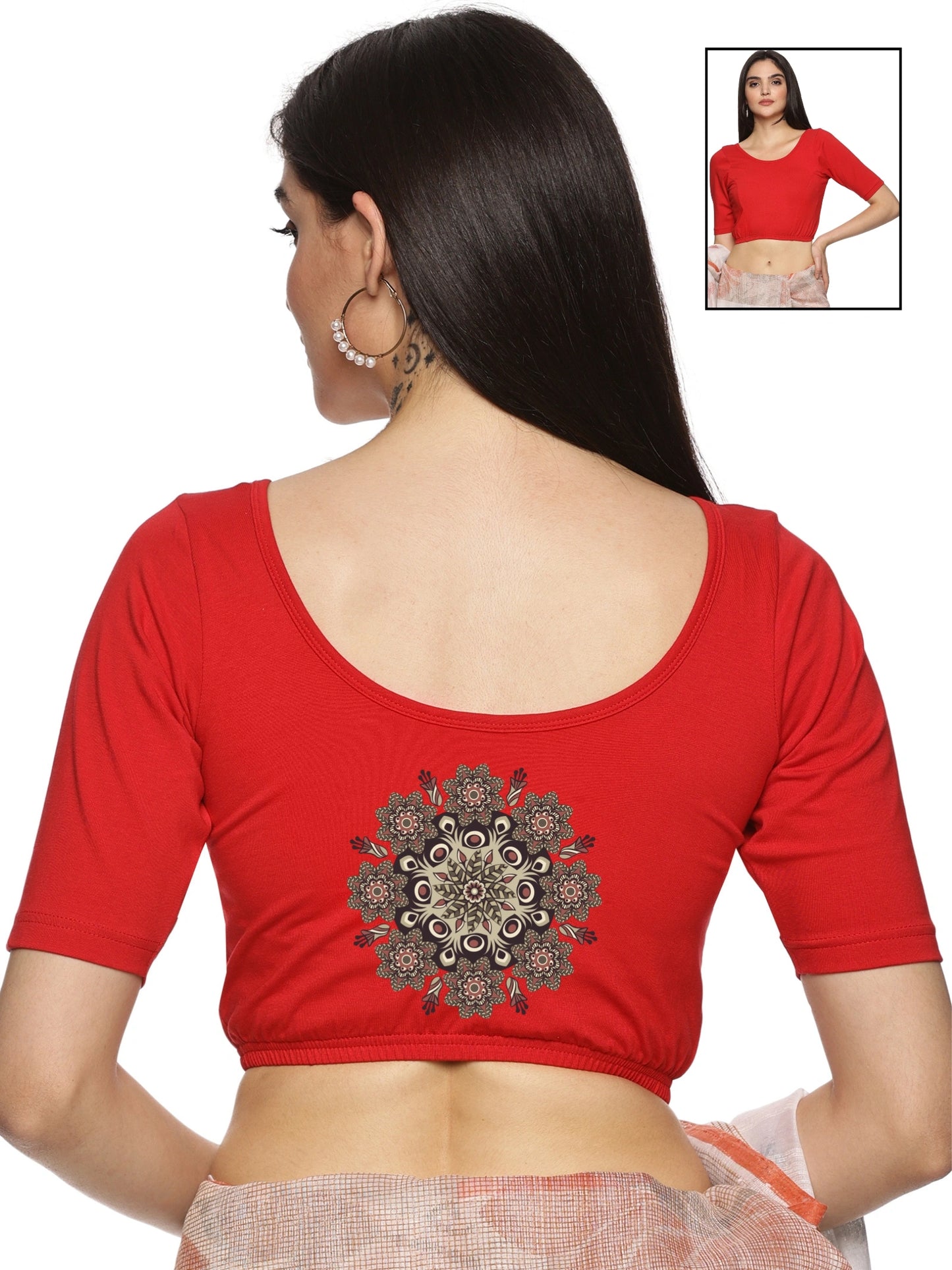 Women Back Printed Stretchable Half Sleeve Blouse U05 Red