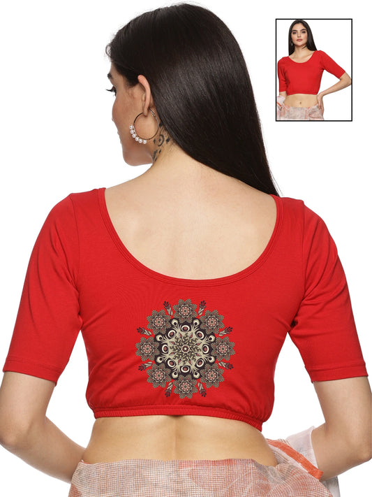 Women Back Printed Stretchable Half Sleeve Blouse U05 Red