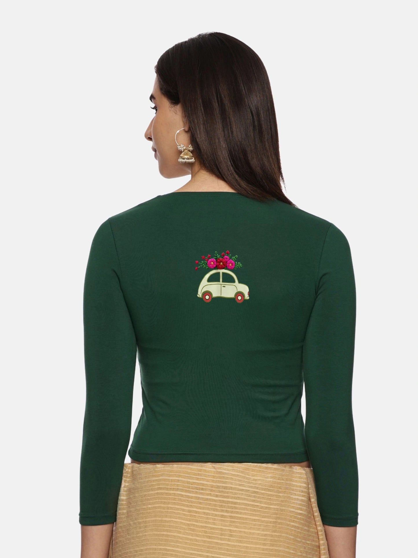 DIY Embroidery Kit with Women Stretchable Three Fourth Sleeve Blouse E013 – Bottle Green