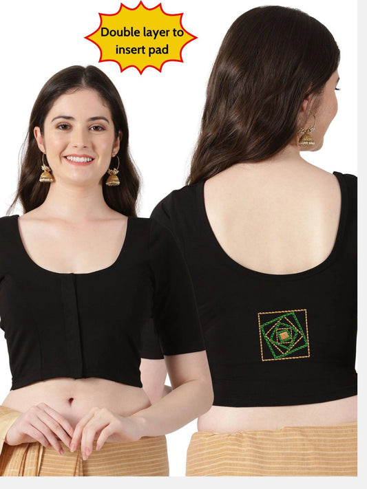 DIY Embroidery Kit with Women Front Open Stretchable Half Sleeve Blouse E05 – Black