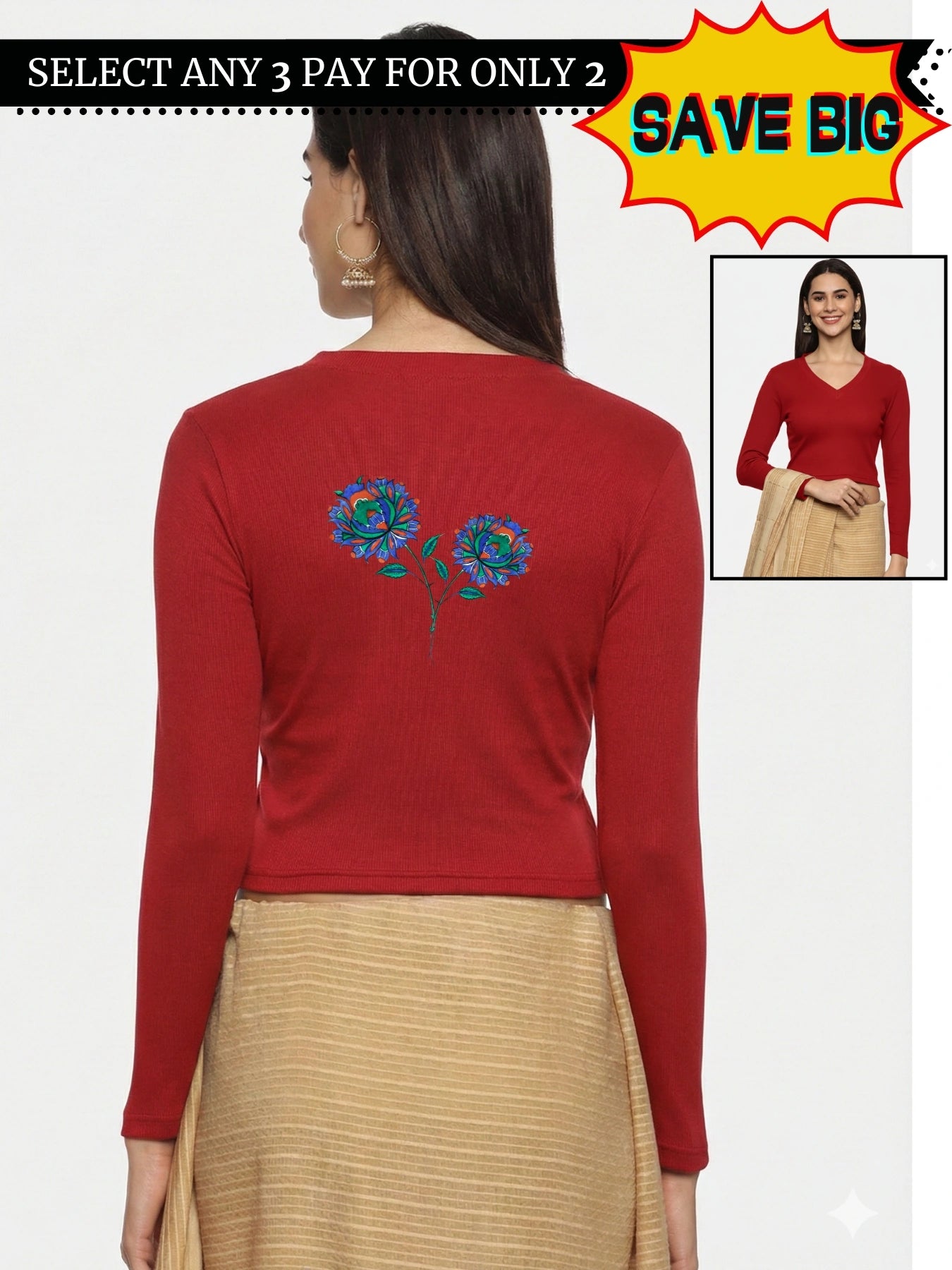 Women Back Printed Stretchable Full Sleeve V Neck RIB Blouse U0216 Red