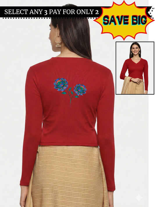 Women Back Printed Stretchable Full Sleeve V Neck RIB Blouse U0216 Red