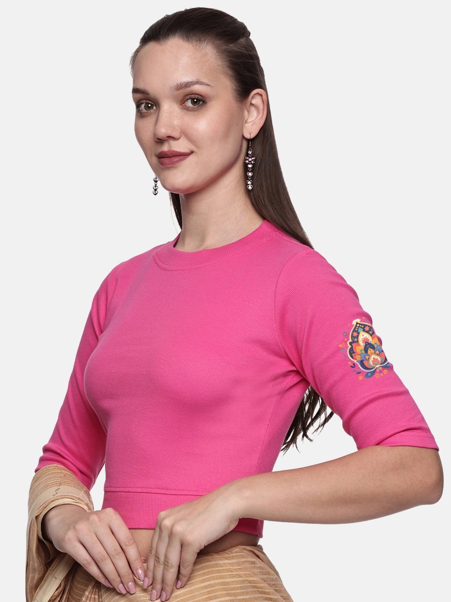 Women Back Printed Stretchable Elbow Sleeve RIB Blouse U0157 Bubble Gum Pink