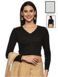 Women Plain Stretchable Full Sleeve V Neck RIB Blouse U0191 Black