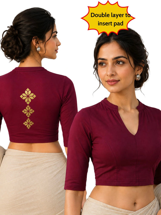 Women Mandarin Collar Back Gold Printed Stretchable Elbow Sleeve Blouse M0275 Maroon