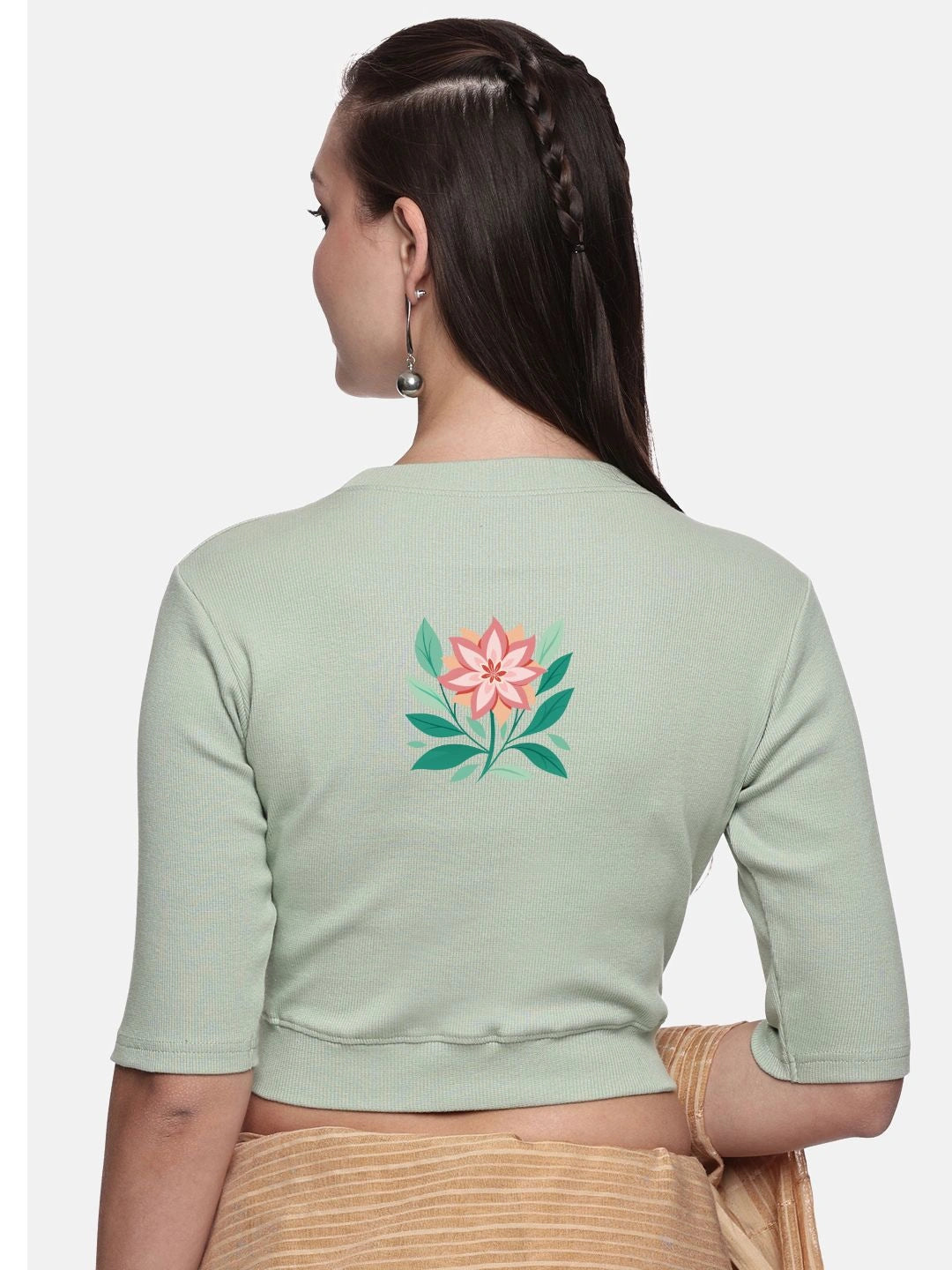Women Back Printed Stretchable Elbow Sleeve RIB Blouse U0155