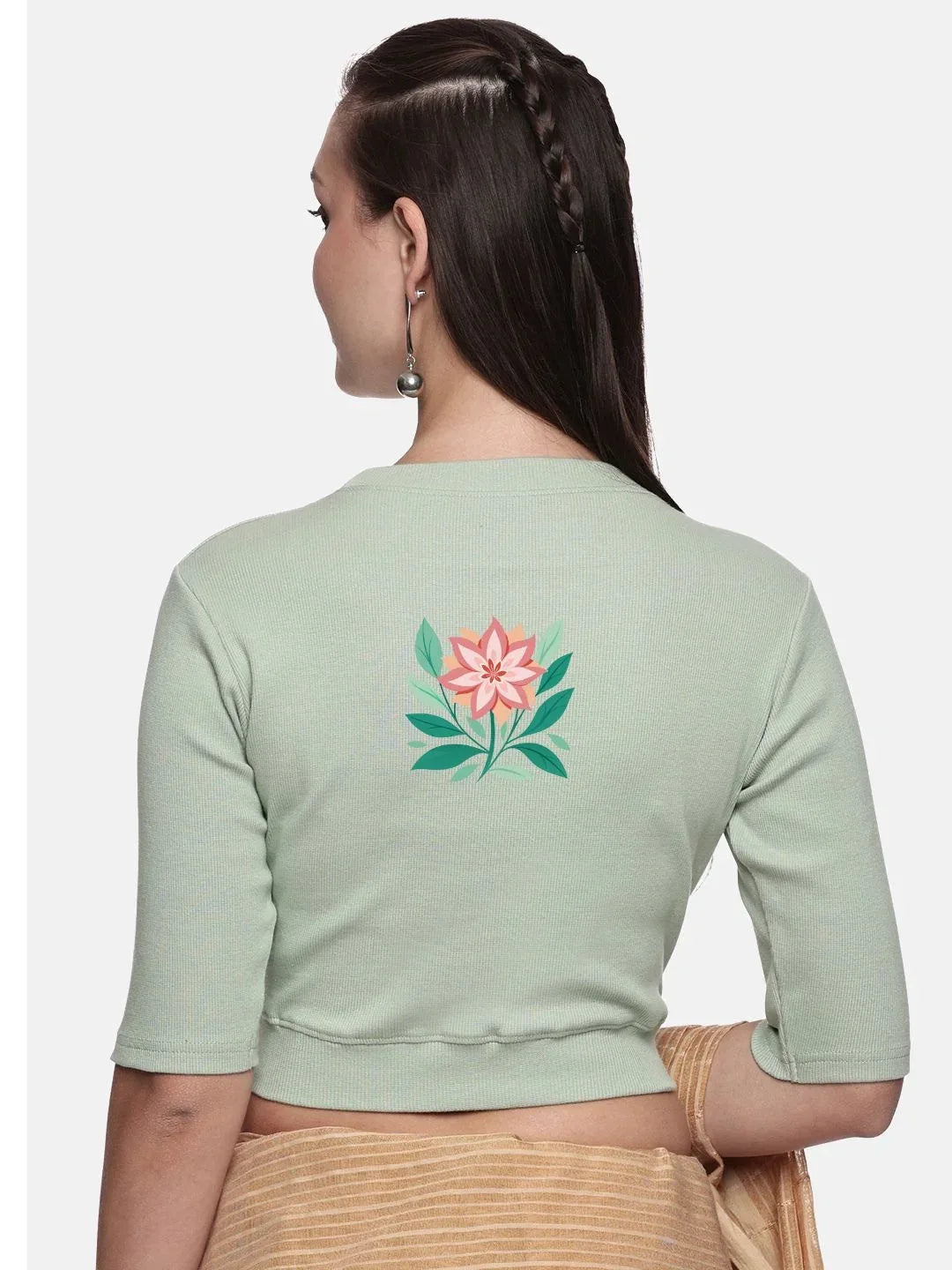 Women Back Printed Stretchable Elbow Sleeve RIB Blouse U0155 - notyetbyus