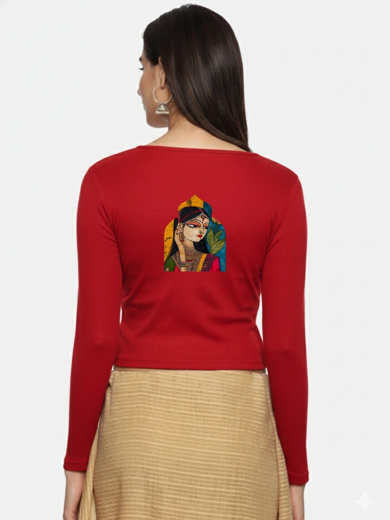 Women Back Printed Stretchable Full Sleeve V Neck RIB Blouse U0185