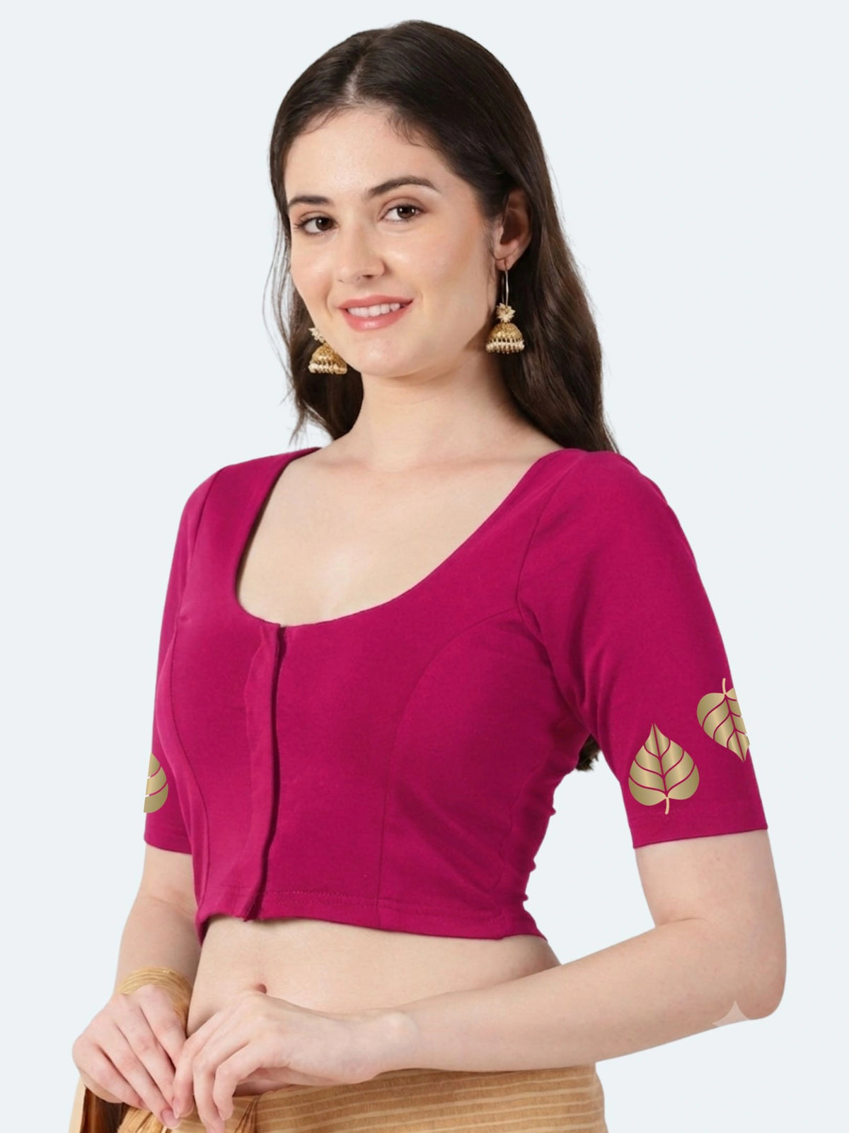 Women Front Open Back Gold Printed Stretchable Half Sleeve Blouse M0276 Rani Pink