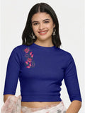 Women Back Printed Stretchable Elbow Sleeve RIB Blouse U0117 Royal Blue