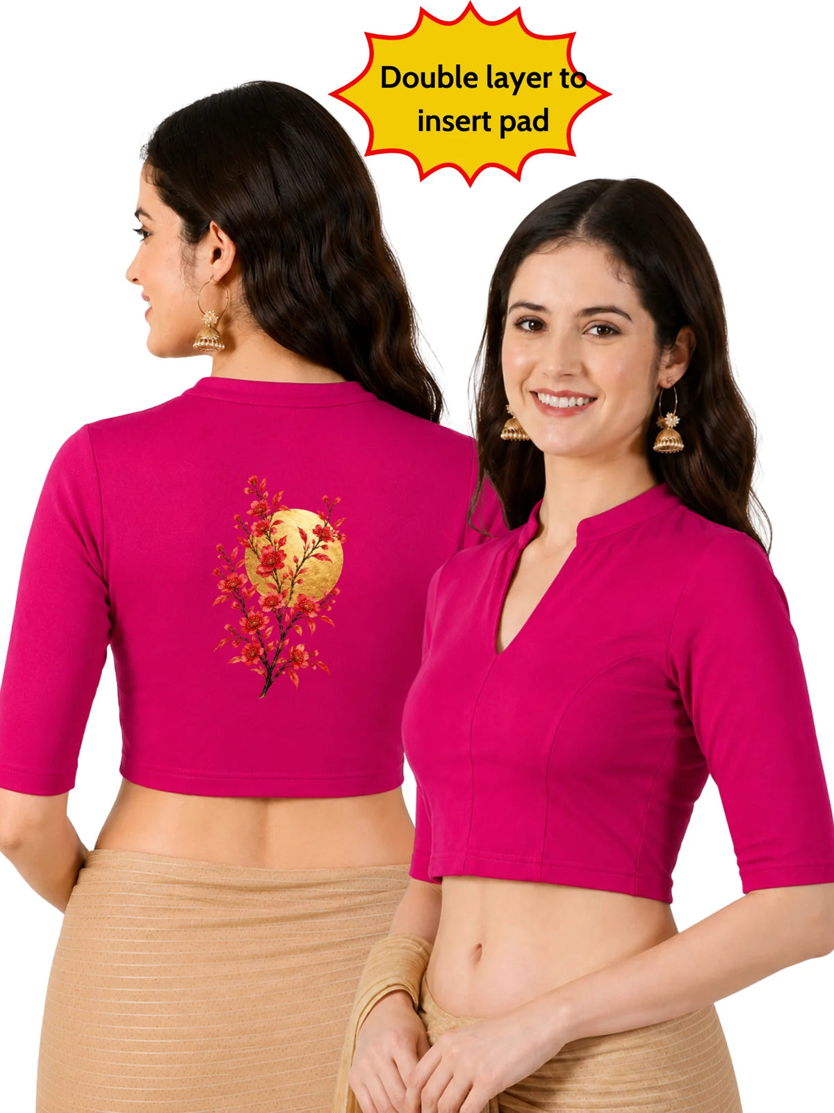 Women Mandarin Collar Back Gold Printed Stretchable Elbow Sleeve Blouse M0278 Rani Pink