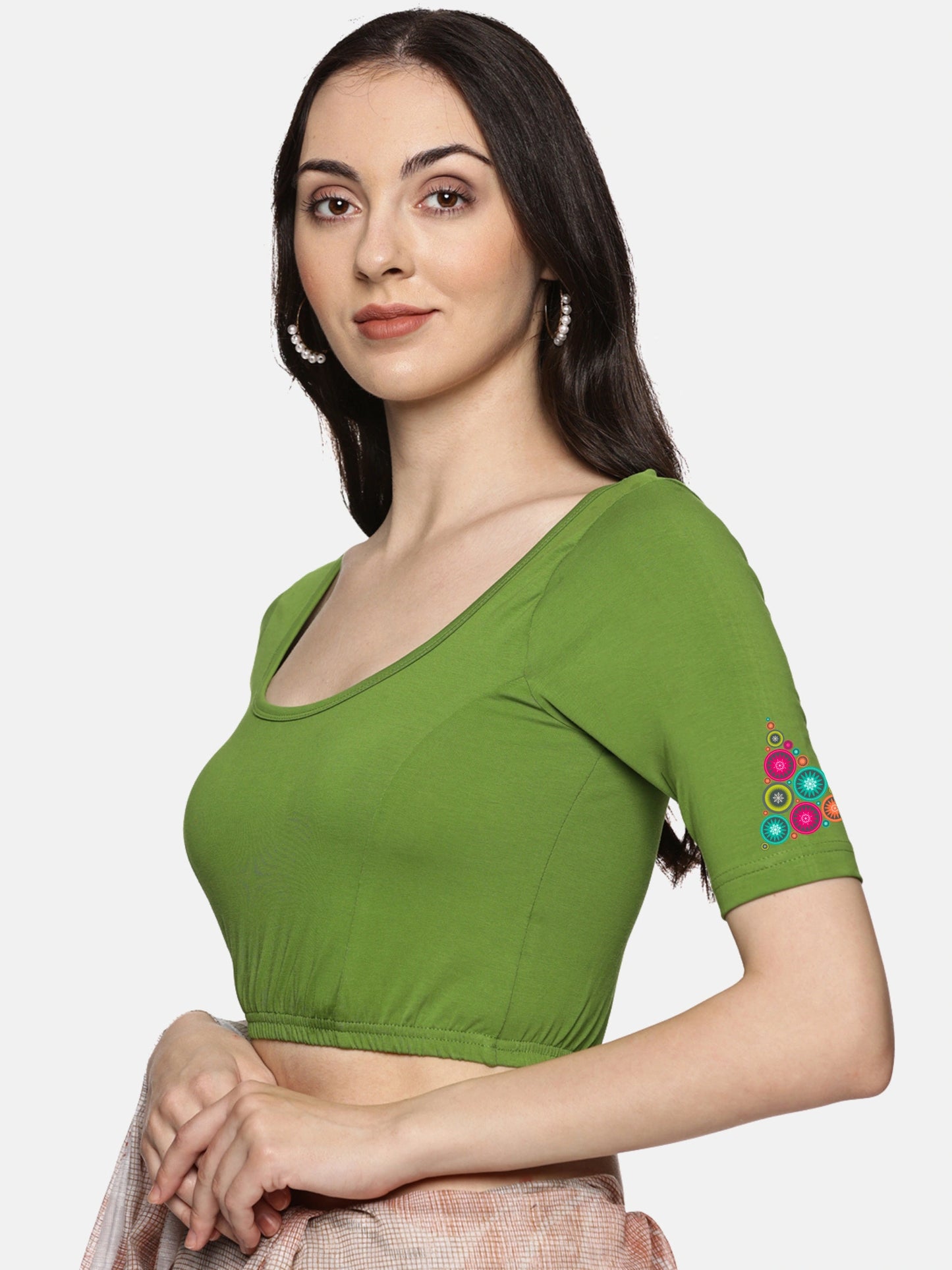 Women Back Printed Stretchable Half Sleeve Blouse U0173 Mehndi Green