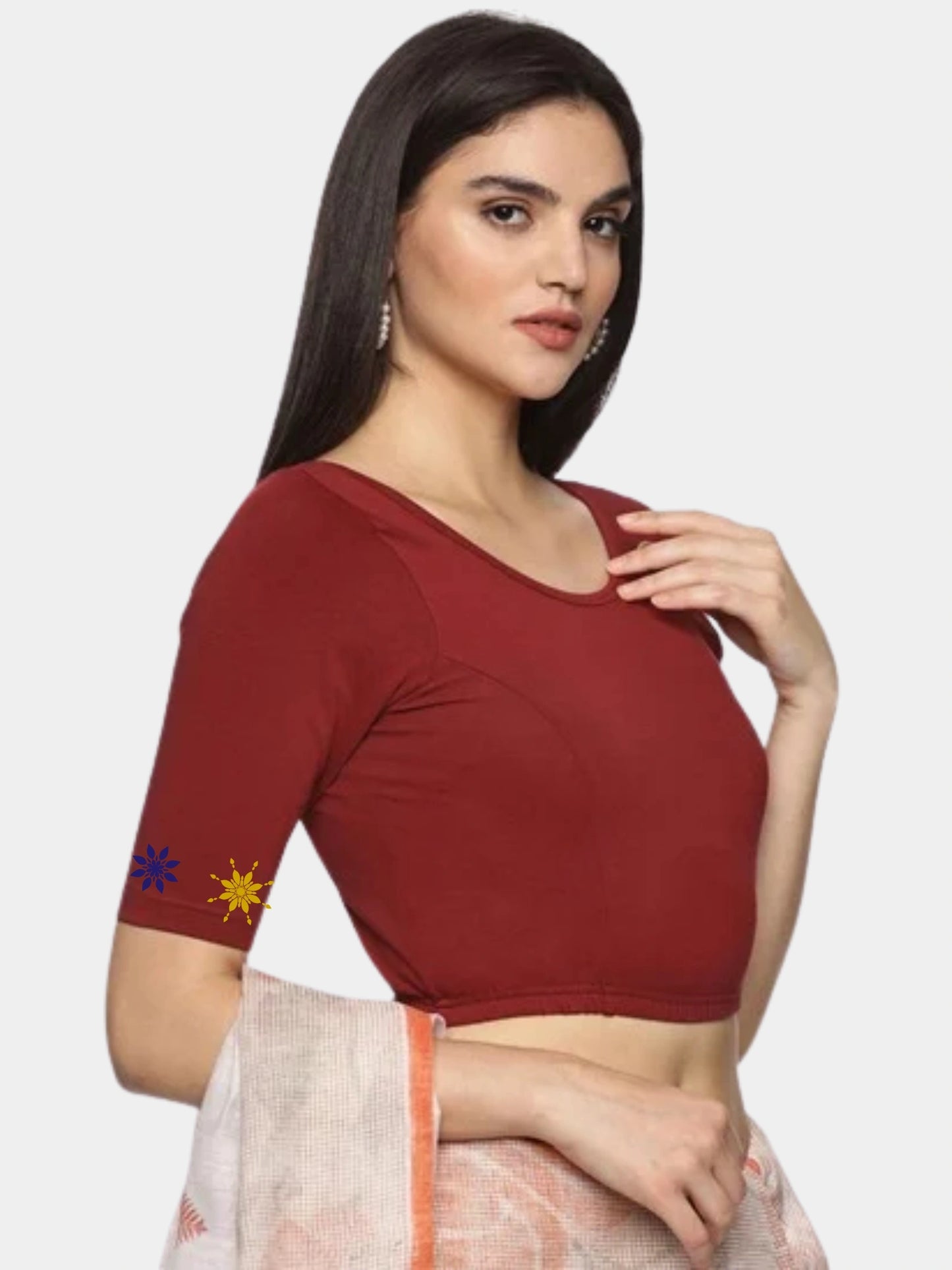 Women Back Printed Stretchable  Half Sleeve Blouse U0193 Maroon