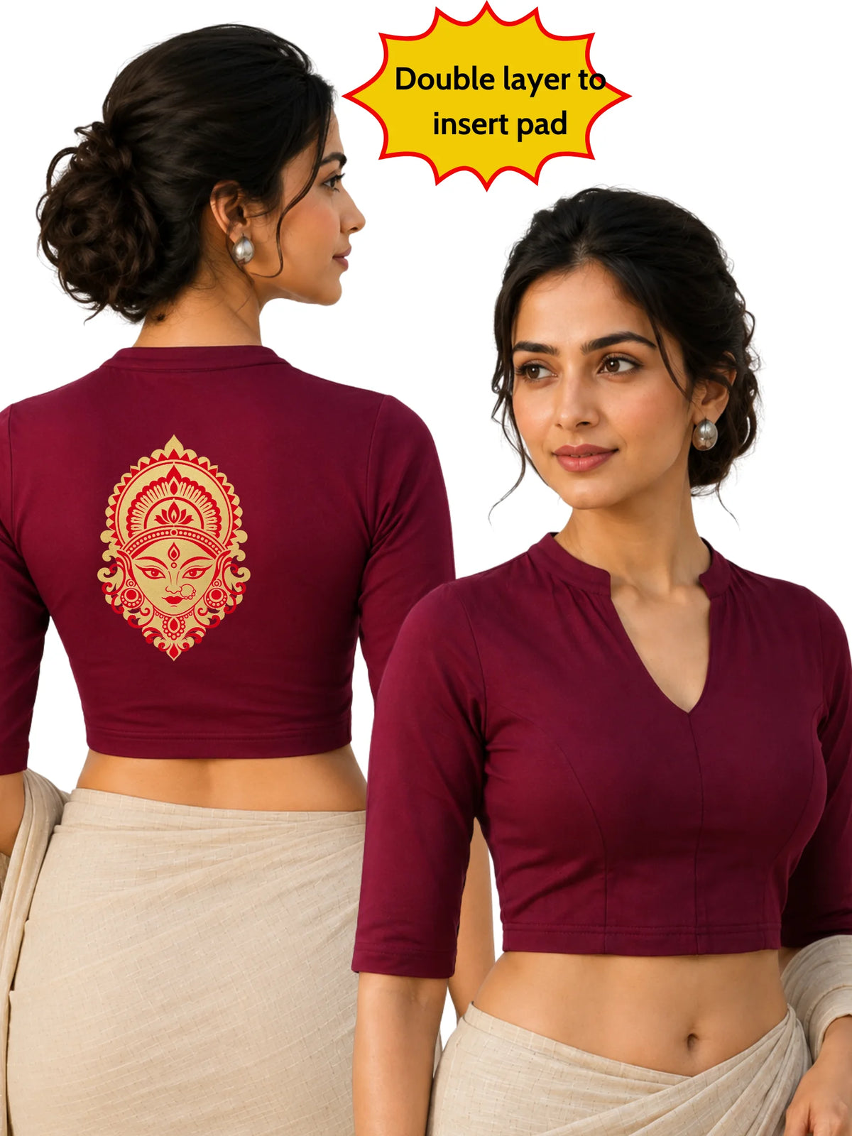 Women Mandarin Collar Back Gold Printed Stretchable Elbow Sleeve Blouse M0277 Maroon