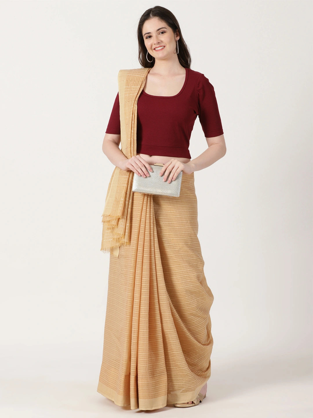 Women Plain Stretchable Rib Square Neck Puff Sleeve Blouse U0251 Maroon