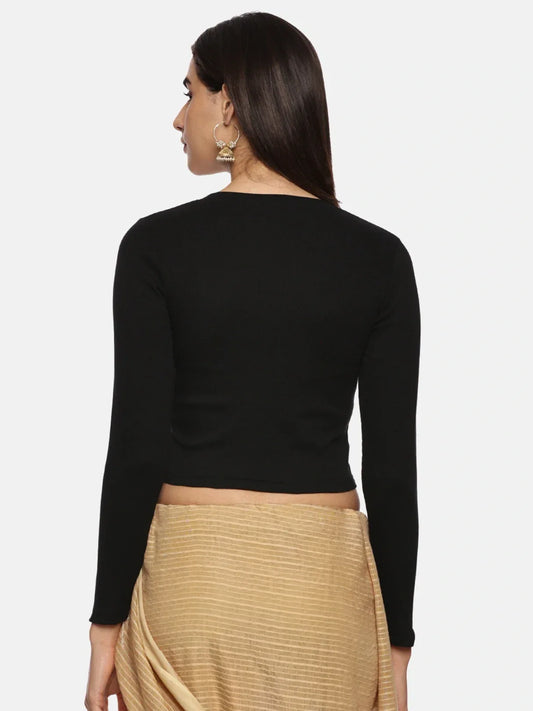 Women Plain Stretchable Full Sleeve V Neck RIB Blouse U0191 - notyetbyus