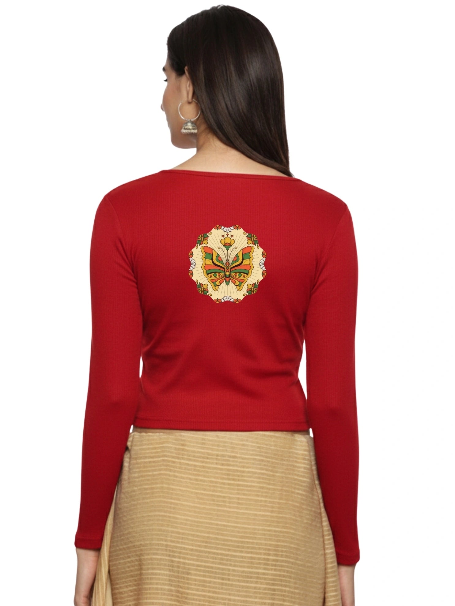 Women Back Printed Stretchable Full Sleeve V Neck RIB Blouse U0184