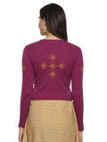 Women Back Printed Stretchable Full Sleeve V Neck RIB Blouse U0215 Wine Pink