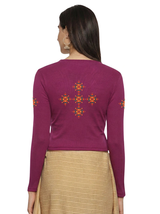 Women Back Printed Stretchable Full Sleeve V Neck RIB Blouse U0215 Wine Pink