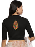 Women Back Printed Stretchable Elbow Sleeve RIB Blouse U0252 Black
