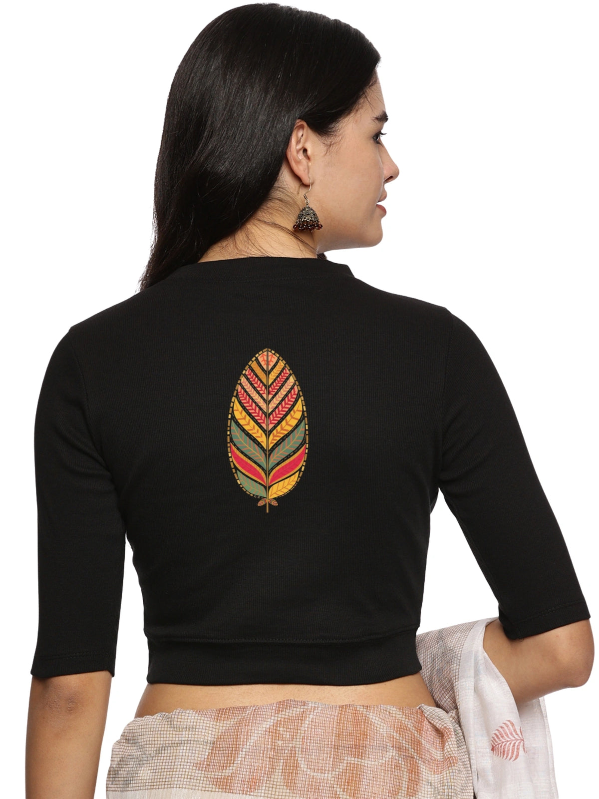 Women Back Printed Stretchable Elbow Sleeve RIB Blouse U0252 Black