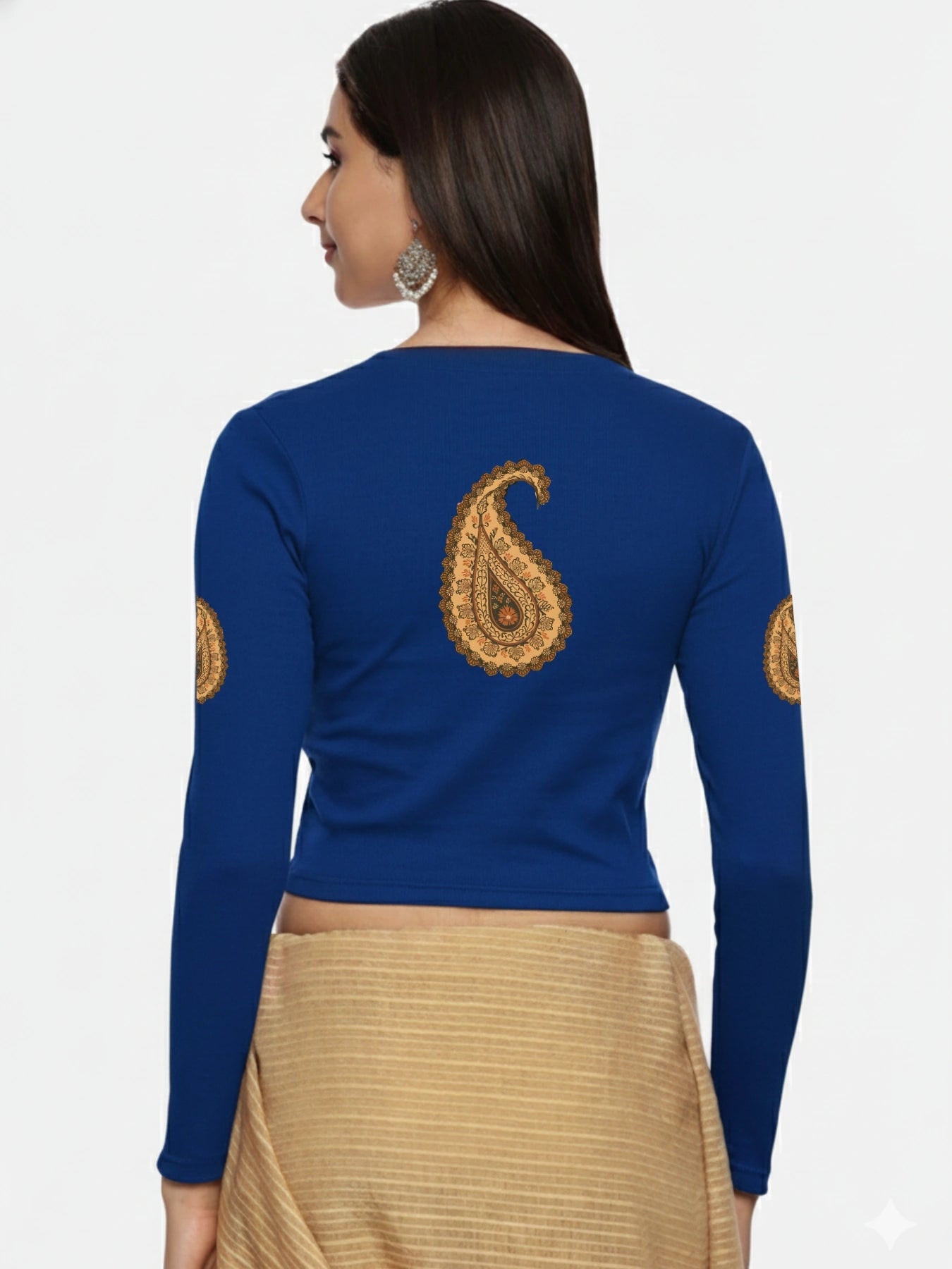 Women Back Printed Stretchable Full Sleeve V Neck RIB Blouse U0186