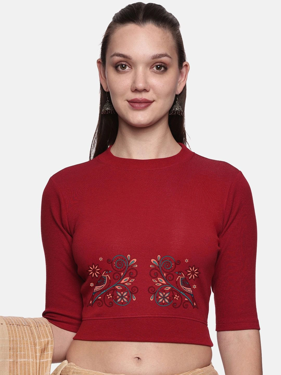 Women Back Printed Stretchable Elbow Sleeve RIB Blouse U0156