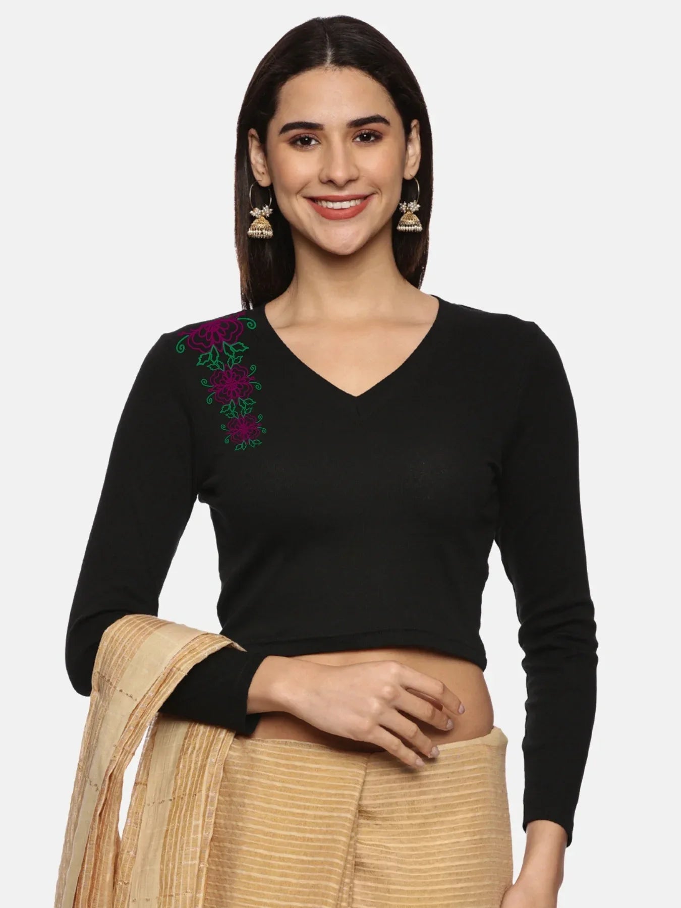 Women Back Printed Stretchable Full Sleeve V Neck RIB Blouse U0212 - notyetbyus