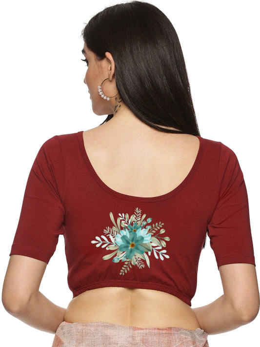 Women Back Printed Stretchable Half Sleeve Blouse U0226 Maroon