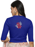 Women Back Printed Stretchable Elbow Sleeve RIB Blouse U0253 Royal Blue