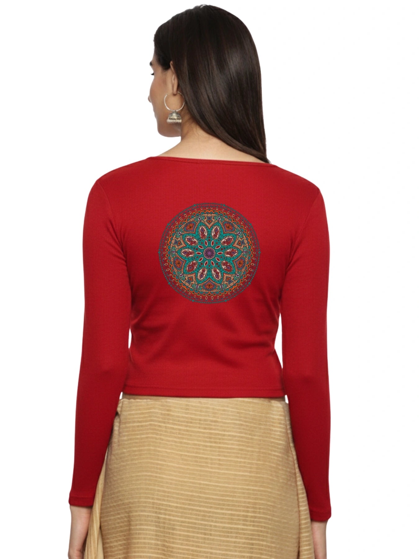 Women Back Printed Stretchable Full Sleeve V Neck RIB Blouse U0188