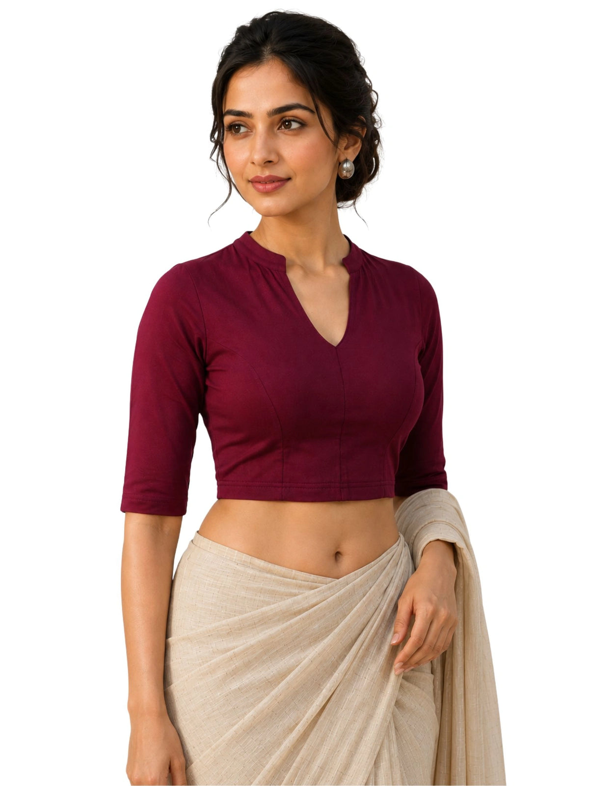 Women Mandrin Collar Plain Stretchable Elbow Sleeve Blouse U0271 Maroon
