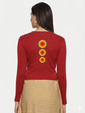 Women Back Printed Stretchable Full Sleeve V Neck RIB Blouse U0213 Red