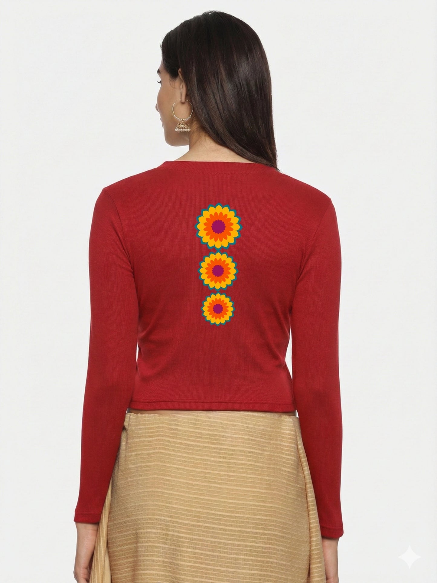 Women Back Printed Stretchable Full Sleeve V Neck RIB Blouse U0213 Red