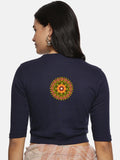 Women Back Printed Stretchable Elbow Sleeve RIB Blouse U0129R Navy