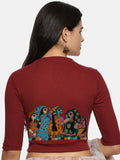 Women Back Printed Stretchable Elbow Sleeve RIB Blouse U0160 Maroon