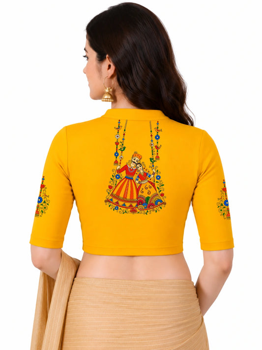 Women Mandarin Collar Back Printed Stretchable Elbow Sleeve Blouse U0267 Golden Yellow