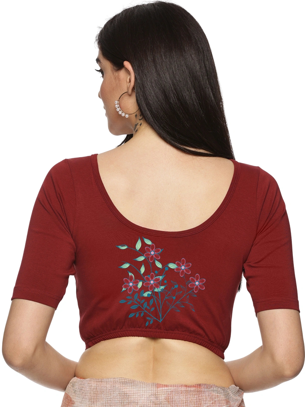 Women Back Printed Stretchable  Half Sleeve Blouse U0225 Maroon
