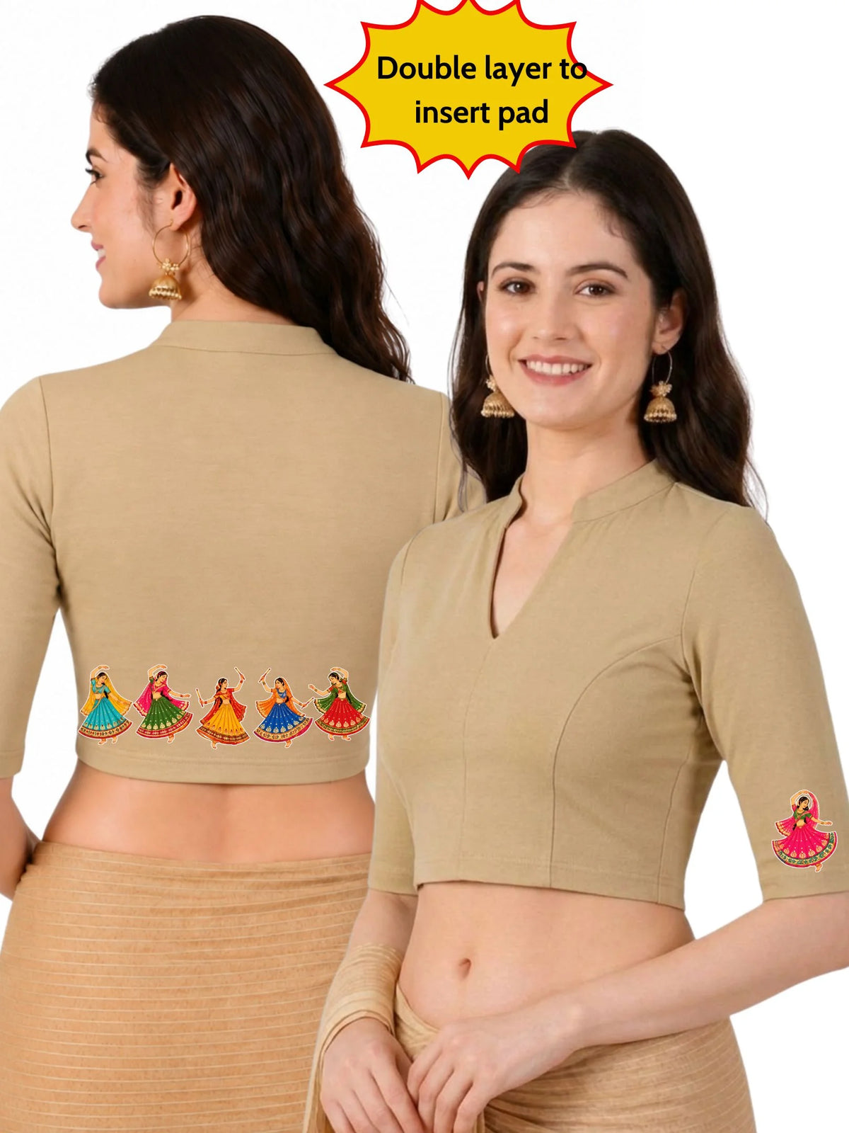 Women Mandarin Collar Back Printed Stretchable Elbow Sleeve Blouse U0281 Beige