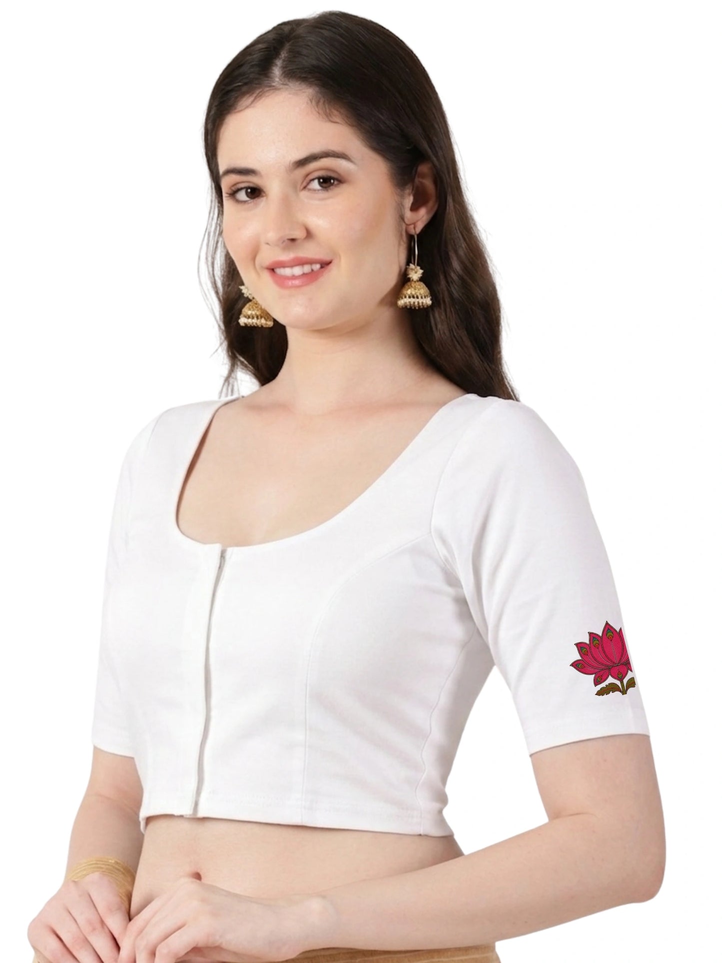 Women Front Open Back Printed Stretchable Half Sleeve Blouse U0259 White