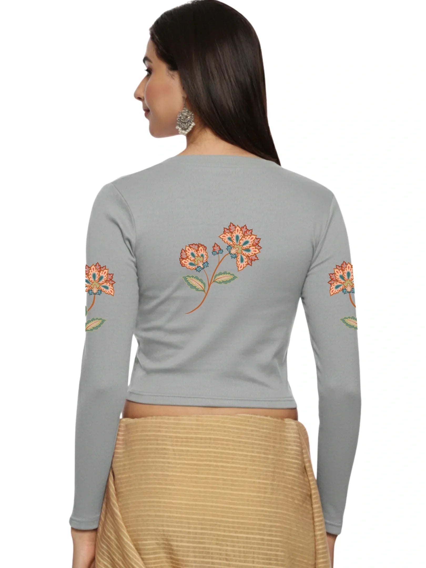 Women Back Printed Stretchable Full Sleeve V Neck RIB Blouse U0211 - notyetbyus