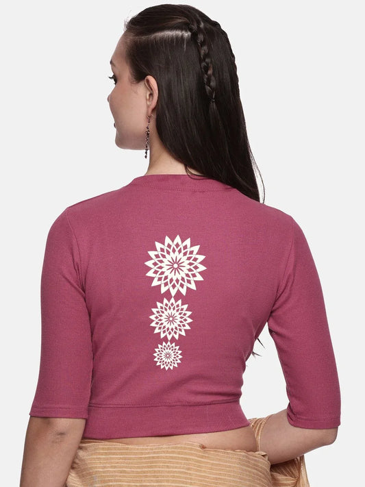 Women Back Printed Stretchable Elbow Sleeve RIB Blouse U0170 - notyetbyus
