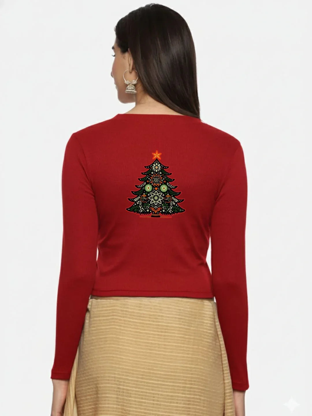 Women Back Printed Stretchable Full Sleeve V Neck RIB Blouse U0192 - notyetbyus