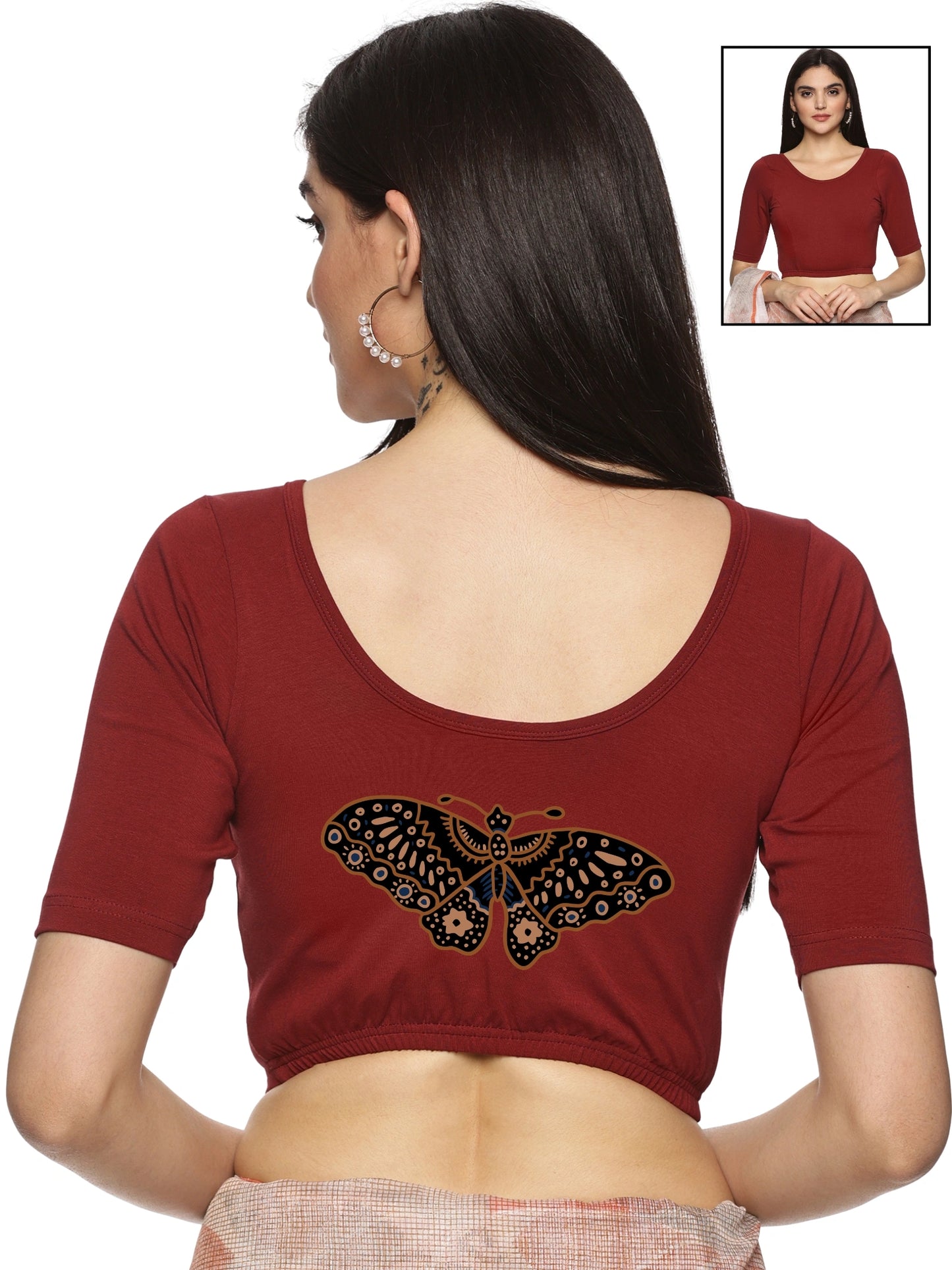 Women Back Printed Stretchable Half Sleeve Blouse U07 Maroon