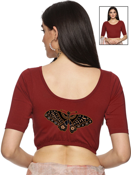 Women Back Printed Stretchable Half Sleeve Blouse U07 Maroon