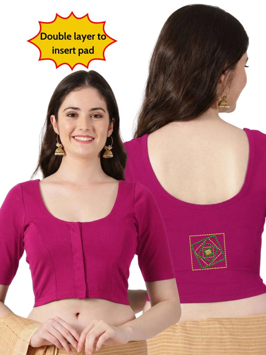 DIY Embroidery Kit with Women Front Open Stretchable Half Sleeve Blouse E05 – Rani Pink