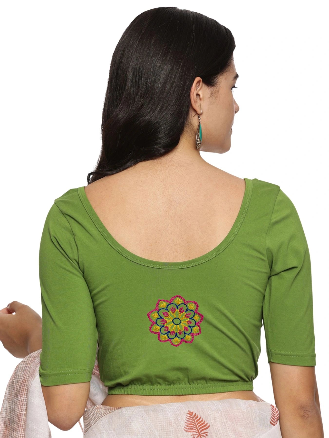 DIY Embroidery Kit with Women Stretchable Half Sleeve Blouse E08 – Mehndi Green