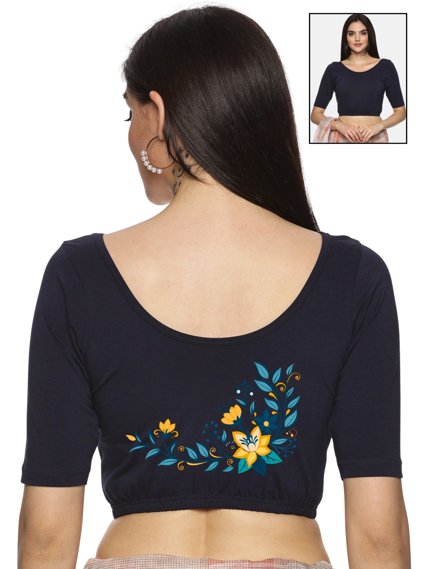 Women Back Printed Stretchable  Half Sleeve Blouse U0164 Navy