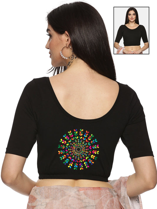 Women Back Printed Stretchable Half Sleeve Blouse U011 Black